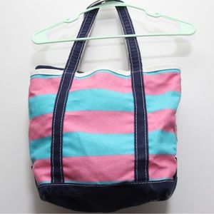 LL Bean zip-top striped tote, 17w x 13h, pink and blue